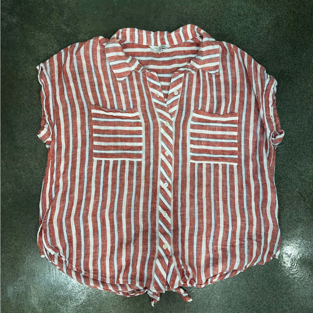 Lucky Brand Red and White Short Sleeve Button Down Top